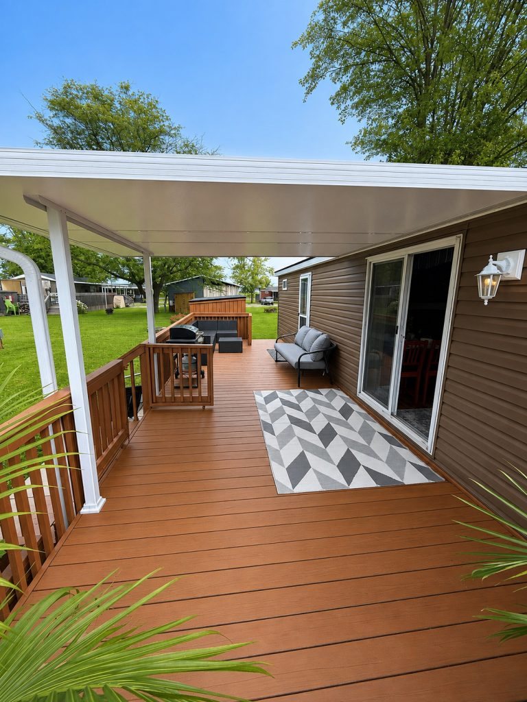 Peacedale Cottage covered deck running the length of the cottage, with a barbecue and seating