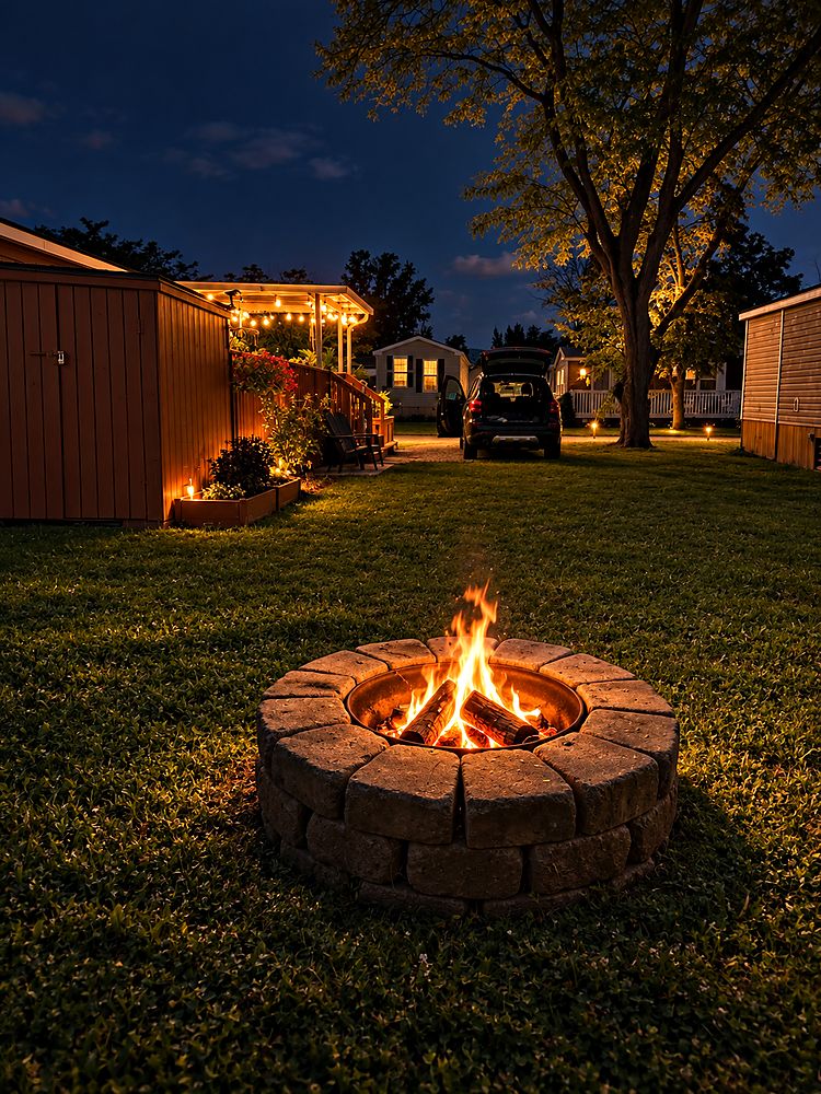 A stone fire pit burning on the lawn beside Peacedale Cottage after dark, string lights along the deck