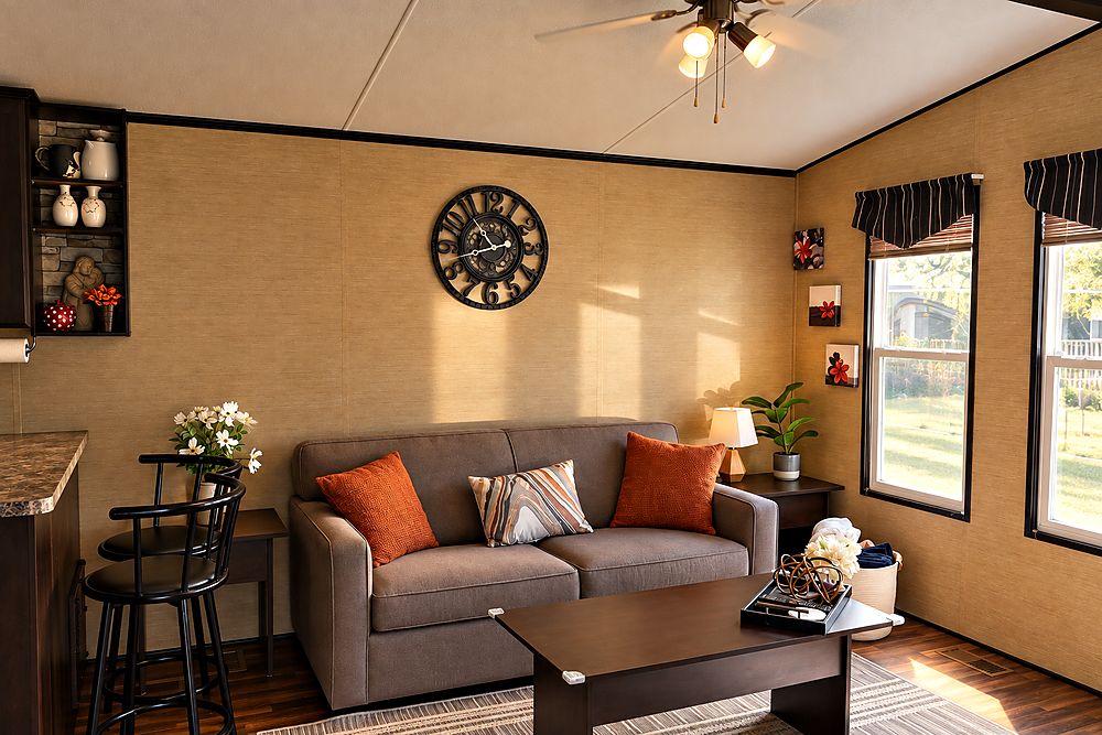 The sitting area of Peacedale Cottage with a sofa, coffee table and afternoon light through the windows